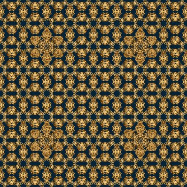 Mavi arka planda Viktorya dönemi tarzında kusursuz bir desen. Lüks çiçekli çerçeveler ve süslü dekorlar. Vignette ve sınırlar veya tasarım şablonu için altın elementler.