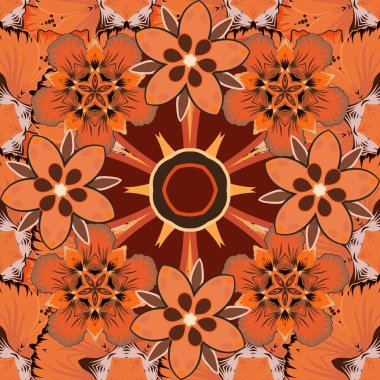 Kahverengi, turuncu ve kırmızı renklerde klasik tasarım. Damask zarif duvar kağıdı. Vektörsüz desen.