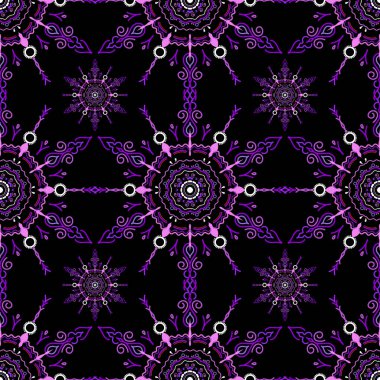 Arap tarzında soyut bir model. Kusursuz vektör arkaplanı. Siyah arka planda mor doku. Grafiksel modern desen.