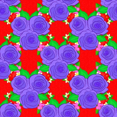 Kırmızı arka planda gül çiçekleri ve yeşil yapraklı kusursuz çiçek deseni.