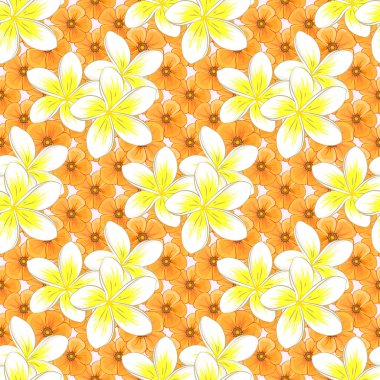 Plumeria çiçekleri ve bej arkaplanda yaprakları olan kusursuz bir desen. Suluboya efektli çiçek arkaplanı. Yatak çarşafları, ceket, paket tasarımı, kumaş veya moda kavramları için tekstil baskısı.