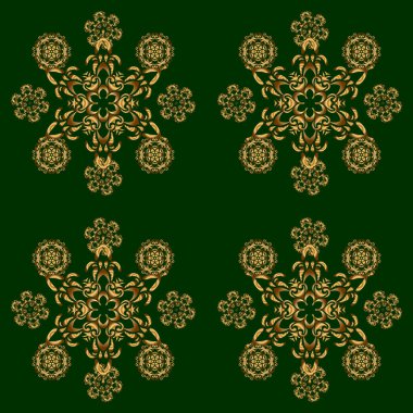 Altın Elementli Zarif Noel Posteri Şablonu. Yeşil bir arka planda lüks süslemeleri olan kusursuz bir desen. Vektör illüstrasyonu.