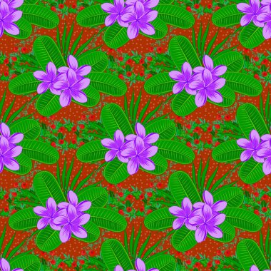 Dekoratif plumeria çiçekleri ve yeşil, turuncu ve mor yapraklı kusursuz arkaplan deseni. Raster illüstrasyonu.