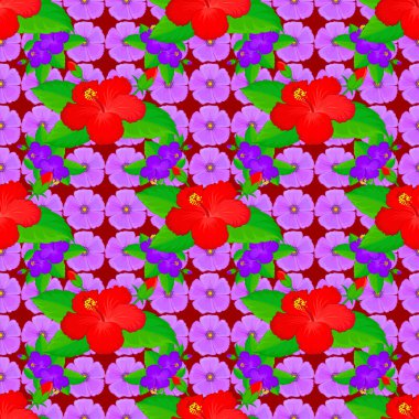 Karalama çizim stili, elle çizilmiş çizim. Çiçekler, yapraklar, dekoratif elementler, sıçramalar, lekeler ve kırmızı arkaplan üzerine düşüşü olan kusursuz bir çiçek deseni..