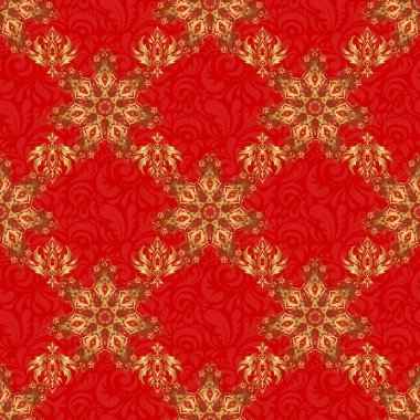 Vektör altın pürüzsüz desen. Kırmızı arka planda klasik altın süslemeleri olan kusursuz çiçek kenarı..