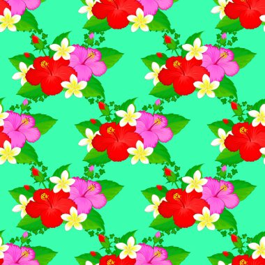 Yeşil arka planda şekillendirilmiş amber çiçeği desenli kusursuz çiçek deseni. Vektör illüstrasyonu.