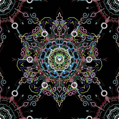 Damask, yeşil ve mavi renklerde çiçeksiz arkaplan deseni. Vektör illüstrasyonu.