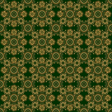 Altın pürüzsüz desen. Yeşil arka planda altın süslemeli vektör çizimi.