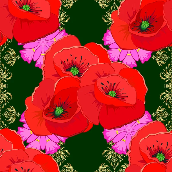 Seamless Pattern Decorative Summer Poppy Flowers Pink Red Blue Colors — Stock Vector