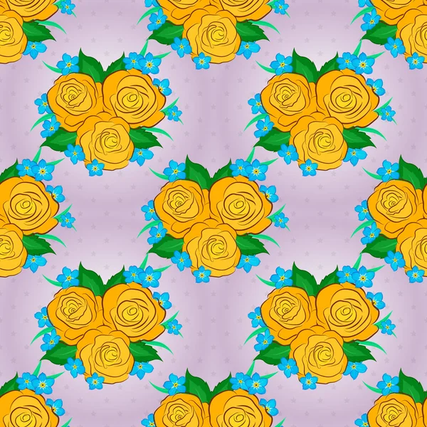 抽象的な黄色 緑の葉を持つ青のバラとベクトルシームレスパターン バラの花と装飾的な花の背景 — ストックベクタ