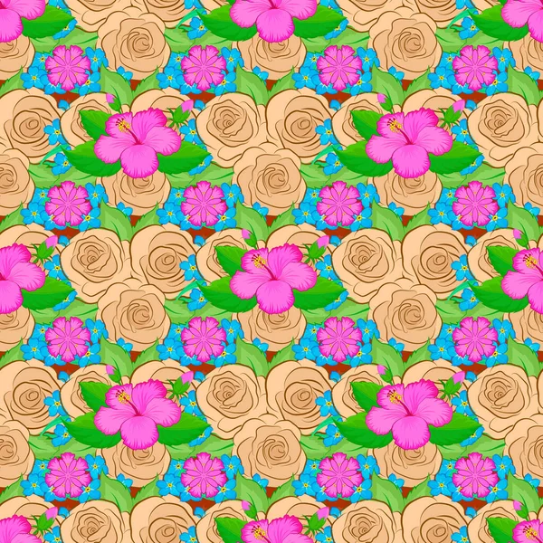 Vector Hibiscus Bloemen Knoppen Retro Naadloze Patroon Illustratie Groen Roze — Stockvector