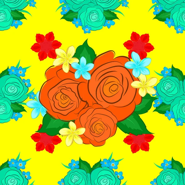 Vektornahtloses Hintergrundmuster Mit Stilisierten Rosenblüten Und Grünen Blättern Auf Gelbem — Stockvektor