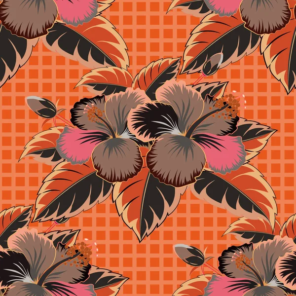 シンプルなハイビスカスの花の茶色 赤とオレンジの装飾 デザインと繊維のためのベクトル抽象的なシームレスパターン — ストックベクタ