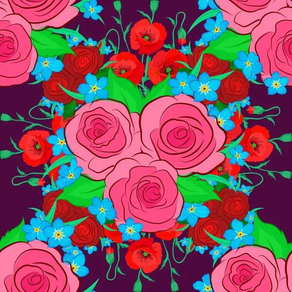 Vektorillustration Nahtloses Blumenmuster Niedlichen Rosenblüten Und Grünen Blättern Roten Rosa — Stockvektor