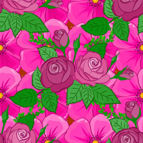 Векторний Безшовний Візерунок Стилізованими Трояндовими Квітами Зеленим Листям Рожевих Пурпурових — стоковий вектор