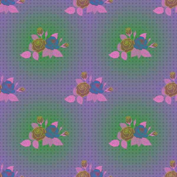 花哨的手绘紫色 蓝色和绿色的玫瑰 病媒流行的无缝花纹 — 图库矢量图片