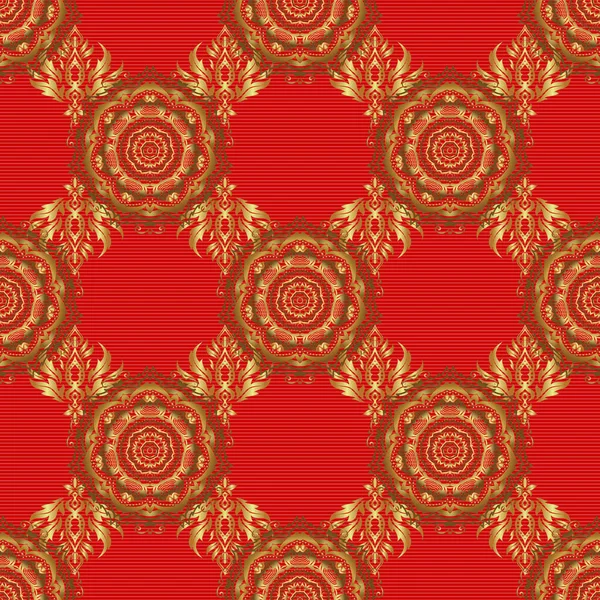 アール デコ様式 赤と金のシームレスなパターン 光沢のある背景 ポルカ ドット コンフェッティ 金箔の質感 抽象幾何学的現代的背景 ベクターイラスト — ストックベクタ