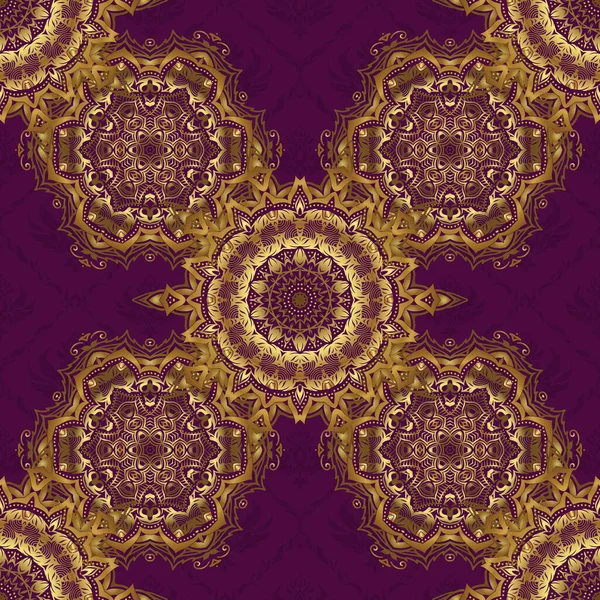 Nahtloser Floraler Rand Mit Goldenem Vintage Ornament Auf Violettem Hintergrund — Stockvektor