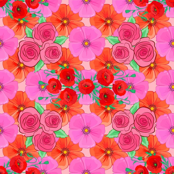 Seamless Hand Drawn Vector Rose Flower Pattern Pink Background — Stock Vector