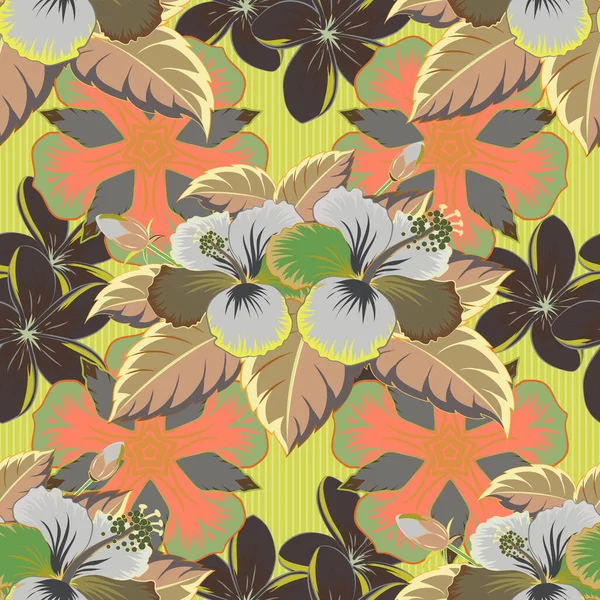 Turuncu, yeşil ve kahverengi renklerde çiçeksiz klasik vektör deseni.