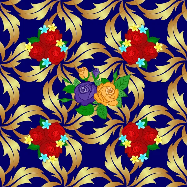 Bezešvé Vzor Dekorativní Letní Růže Květiny Zelené Listy Modré Neutrální — Stockový vektor