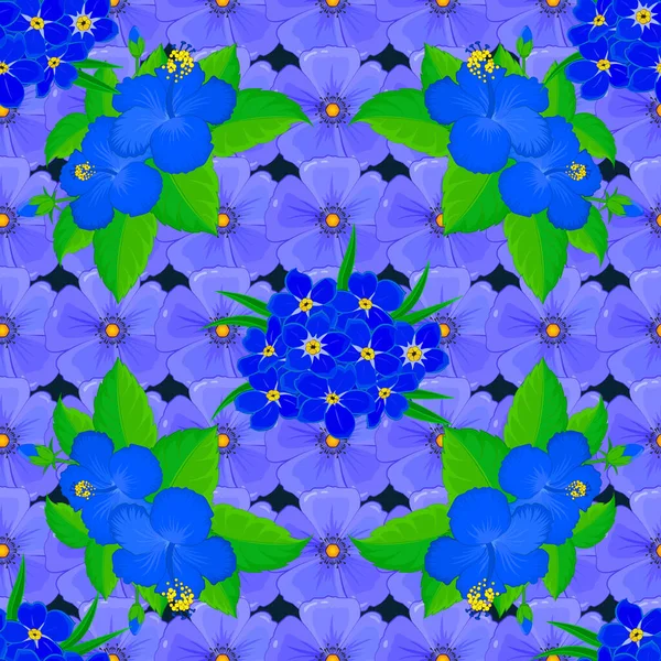 Vektornahtloses Blumenmuster Mit Kosmos Blumen Und Blättern Auf Blauem Hintergrund — Stockvektor