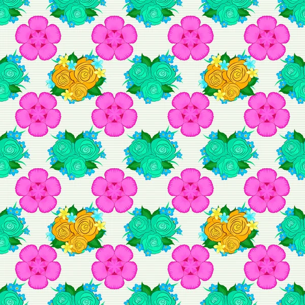 ベージュ地に花柄の壁紙 包装紙のための装飾品 バラの花や緑の葉とベクトルストライプシームレスパターン 伝統的な東洋のシームレスなパターン — ストックベクタ