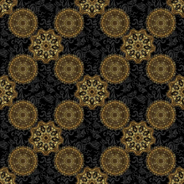 黒の背景に波を様式化した黄金の装飾の豪華なシームレスなパターン ベクターイラスト — ストックベクタ