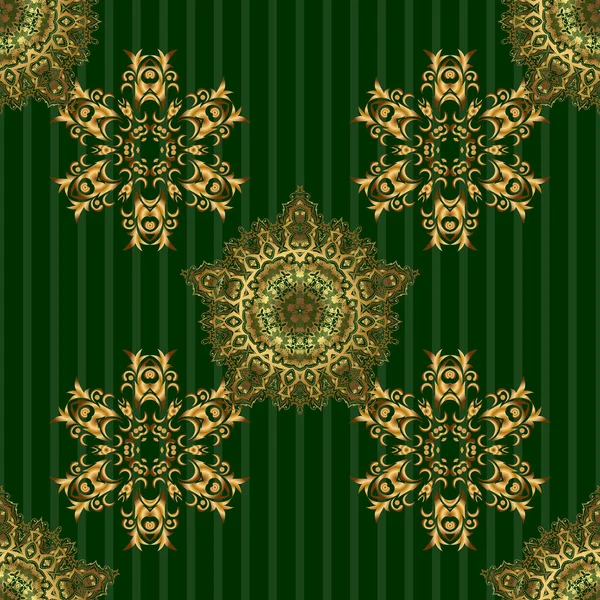 インテリアのための装飾 緑の背景に手作りのベクトル黄金の要素 ヴィンテージシームレスフラワーパターン — ストックベクタ