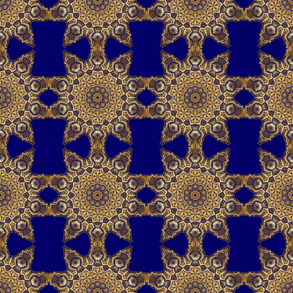 古老的东方风格的金色元素 装饰花边饰品 蓝色背景上传统的阿拉伯装饰 壁纸的金色华丽插图 带金饰物的矢量无缝图案 — 图库矢量图片