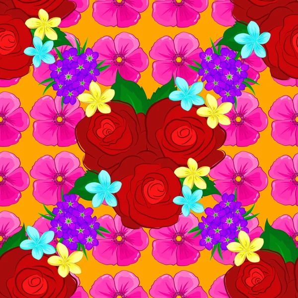 Цветочный Узор Печати Цветущими Розовыми Цветами Зелеными Листьями Желтом Фоне — стоковый вектор