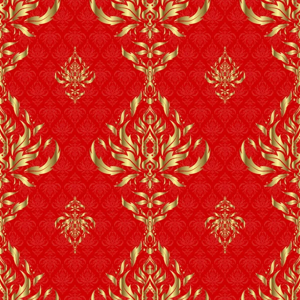 Seamless Pattern Golden Elements Curls Ornaments Red Background Vector Oriental — Stock Vector