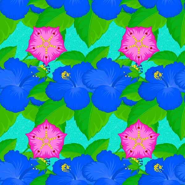 蓝底上有芙蓉花 手绘花卉成分的无缝矢量图案 复古纺织品设计系列 秋天的颜色1950 1960年代的主题 — 图库矢量图片