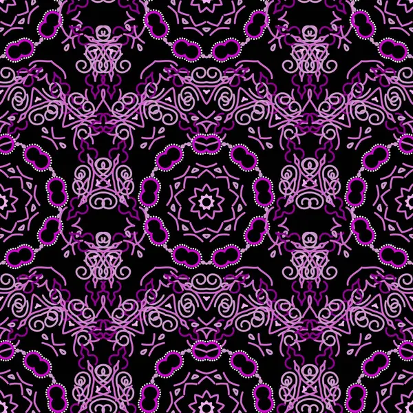 Vektörsüz damaske deseni, klasik duvar kağıdı, arka plan. Siyah arkaplanda menekşe renginde dekoratif kenarlık.