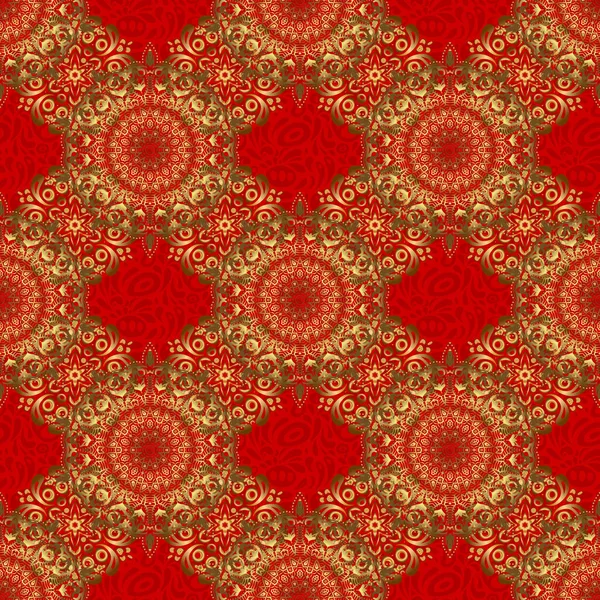 Altın elementli geometrik süs. Soyut geometrik çizim. Kırmızı arka planda altın gradyanı olan kusursuz bir vektör deseni. Altın doku. Kusursuz geometrik desen.
