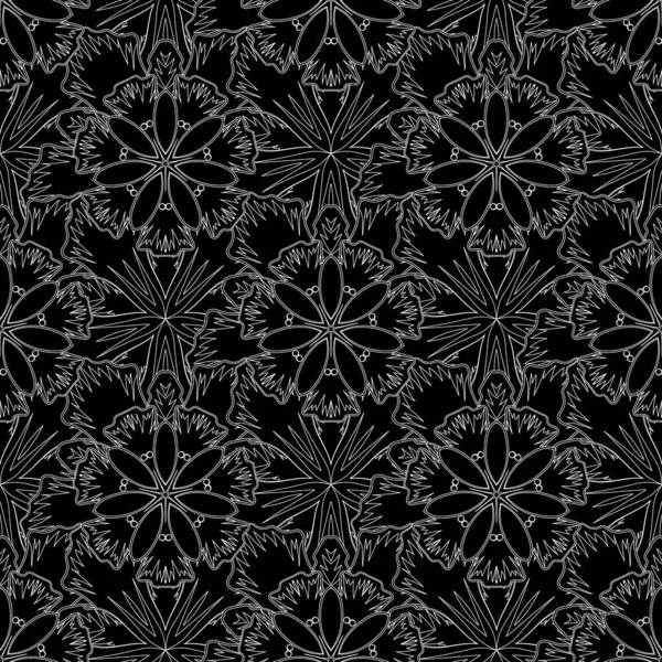 Çiçek motifli fayanslar. Oryantal dış hat süslemesi kusursuz desen. İslami vektör siluetli tasarım. Beyaz ve siyah renkli tekstil baskısı.