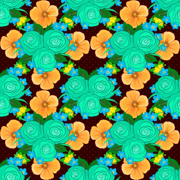 Vektorillustration Nahtloses Blumenmuster Niedlichen Rosenblüten Und Grünen Blättern Blauen Braunen — Stockvektor