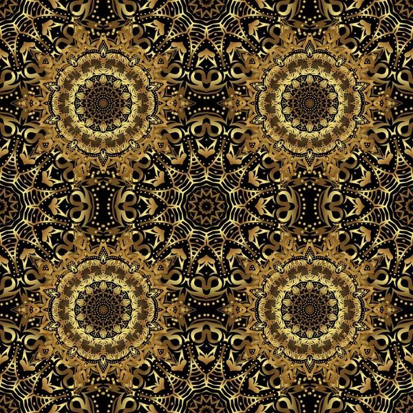 Davetiyeler için süs, doğum günü, tebrik kartları, web sayfaları. Çiçeksel oryantal dekor. Doğu tarzında kusursuz bir dokuya sahip. Tasarım için altın desen süsleyin. Siyah üzerine lüks duvar kağıdı.