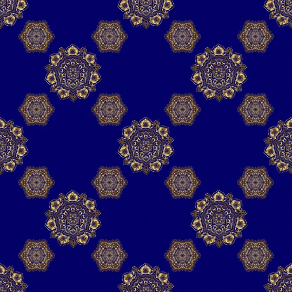 Mavi arka planda altın stilize yıldızlar. Fan, Noel altınını şekillendirdi. Altın geometrik elementlere sahip soyut, pürüzsüz bir desen. Yeni yıl 2018 tatil süslemesi.