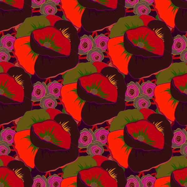 Kırmızı, siyah ve morumsu renklerde soyut gelincik çiçeklerinin kusursuz deseni. Stock vektör illüstrasyonu. Klasik stil.