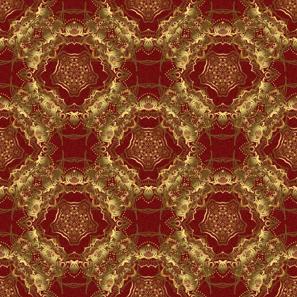 Kırmızı zemin üzerinde soyut altın geometrik modern tasarım. Altın halkalar kusursuz desen. Art deco tarzı. Altın folyo dokusu. Vektör parlak arkaplan.