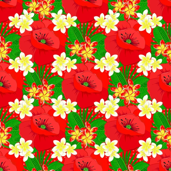 Kırmızı arkaplandaki vektör gelincik çiçeği pürüzsüz desen.