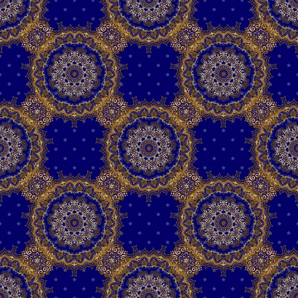 Metin için tasarım, davetiye kartları, çeşitli baskı sürümleri. Mavi arka planda altın elementlerle kusursuz bir desen. Doğu tarzında altın bir vektör süsü..