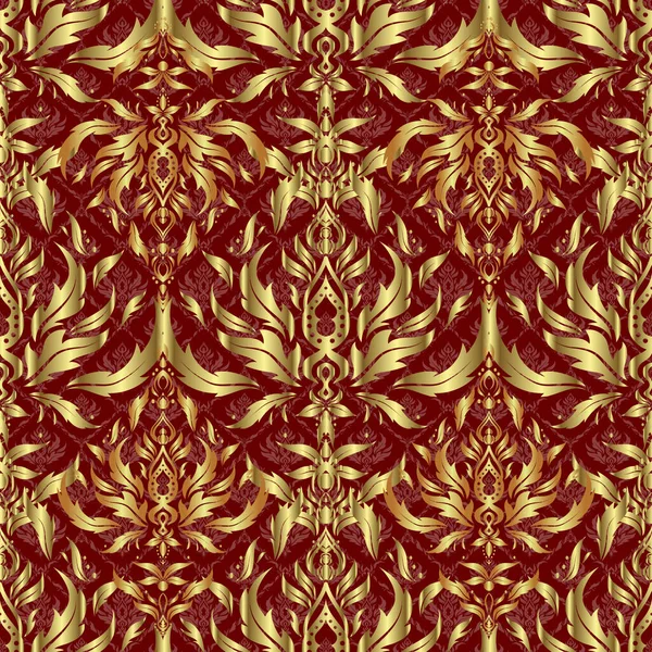 Kırmızı arkaplanda vektörsüz desen. Kırmızı ve altın renkli klasik tasarım. Damask zarif duvar kağıdı.