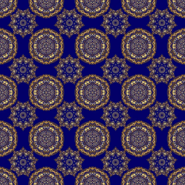 Mavi arka planda altın çiçekli motif. Altın elementler ve süslemelerle dokumasız desenli vektör parıltısı. Tatil için mükemmel..