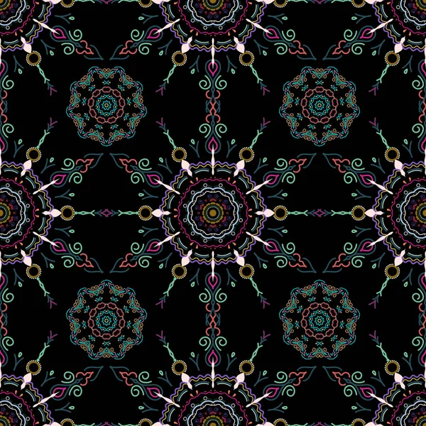 Vektörsüz damaske deseni, klasik duvar kağıdı, arka plan. Siyah bir arkaplanda nötr, mavi ve yeşil renkli süsleme kenarlığı.