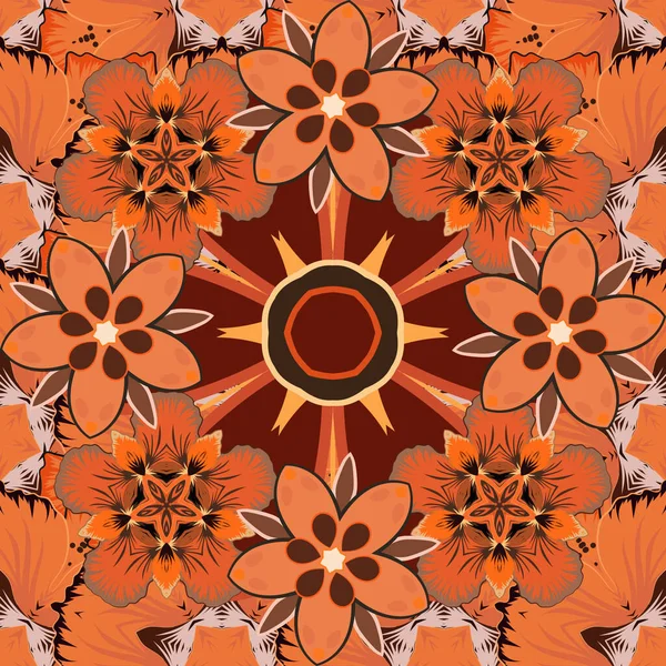 Kahverengi, turuncu ve kırmızı renklerde klasik tasarım. Damask zarif duvar kağıdı. Vektörsüz desen.