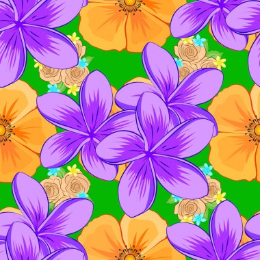 Yeşil arka planda şekillendirilmiş Plumeria çiçekleri olan kusursuz çiçek deseni. Vektör illüstrasyonu.