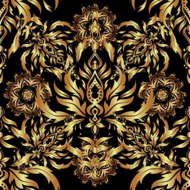 Altın folyo dokusu. Altın halkalar kusursuz desen. Art deco tarzı. Vektör parlak arkaplan. Siyah zemin üzerinde soyut altın geometrik modern tasarım.