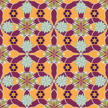 Mor, yeşil ve sarı renklerde klasik tasarım. Damask zarif duvar kağıdı. Vektörsüz desen.